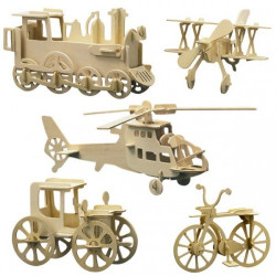 5 puzzles à monter : loco, hélico, vélo voiture et avion
