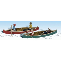 Échelle HO : 2 canoes 4 personnages bagages