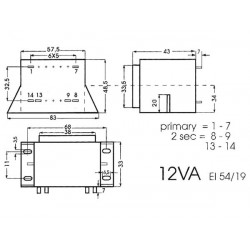 Transfo d'alim. à cosses entrée 220V AC sortie 2x6V AC 1 A