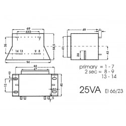 Transfo d'alim. à cosses entrée 220V AC sortie 2x7V5 AC 1,6 A